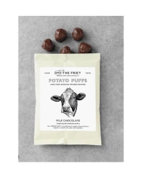 A cream-coloured snack pouch of potato puffs with chocolate pieces above it against a grey textured stone background.