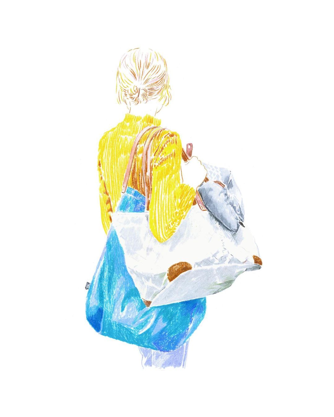 Watercolour illustration by Anje Jager showing a woman seen from behind wearing a yellow sweater and carrying a blue tote bag