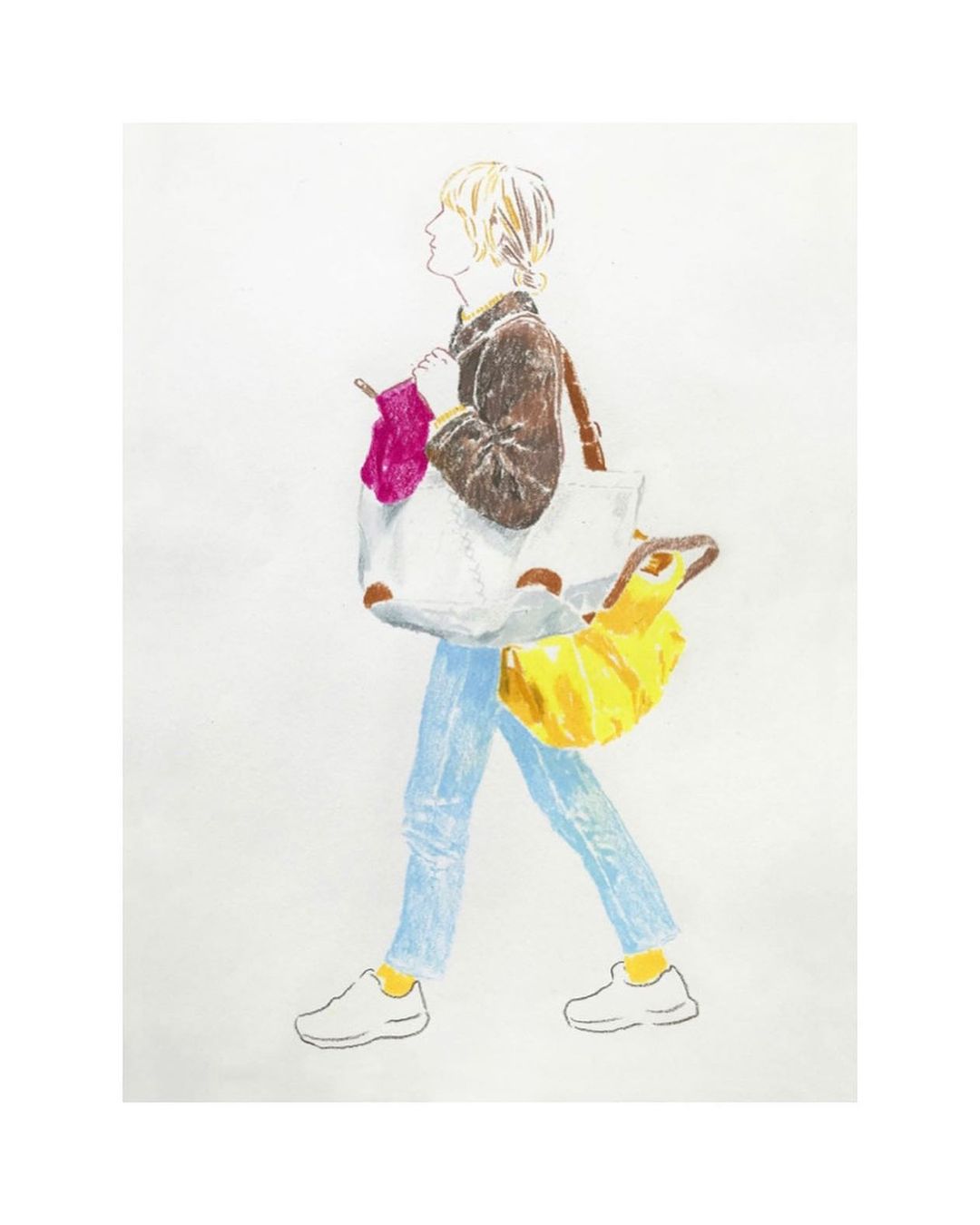 Illustrated profile of a person walking while carrying large white and yellow bags against a plain background