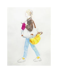 Illustrated profile of a person walking while carrying large white and yellow bags against a plain background