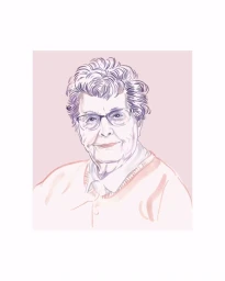 Illustration portrait of an elderly woman wearing glasses and a sweater against a pink background