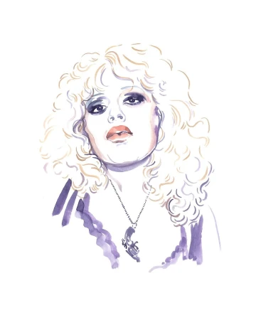 Watercolor illustration of a woman with curly blonde hair wearing a pendant necklace against a white background.