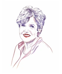 Portrait illustration of an older woman with voluminous grey hair and red lips by illustrator Anje Jager.