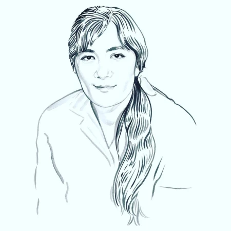 Monochrome ink illustration portrait of a woman with long hair tied in a ponytail against a plain background
