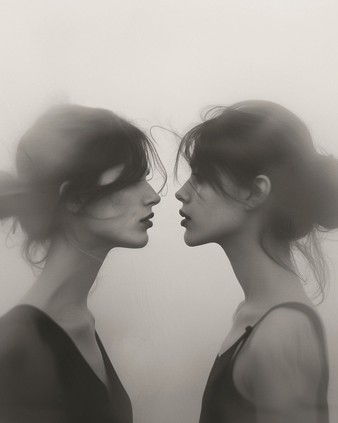 Two women facing each other in profile against a soft neutral background captured by Ann Cutting.