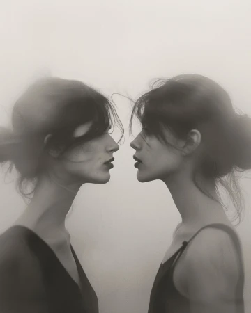 Two women facing each other in profile against a soft neutral background captured by Ann Cutting.