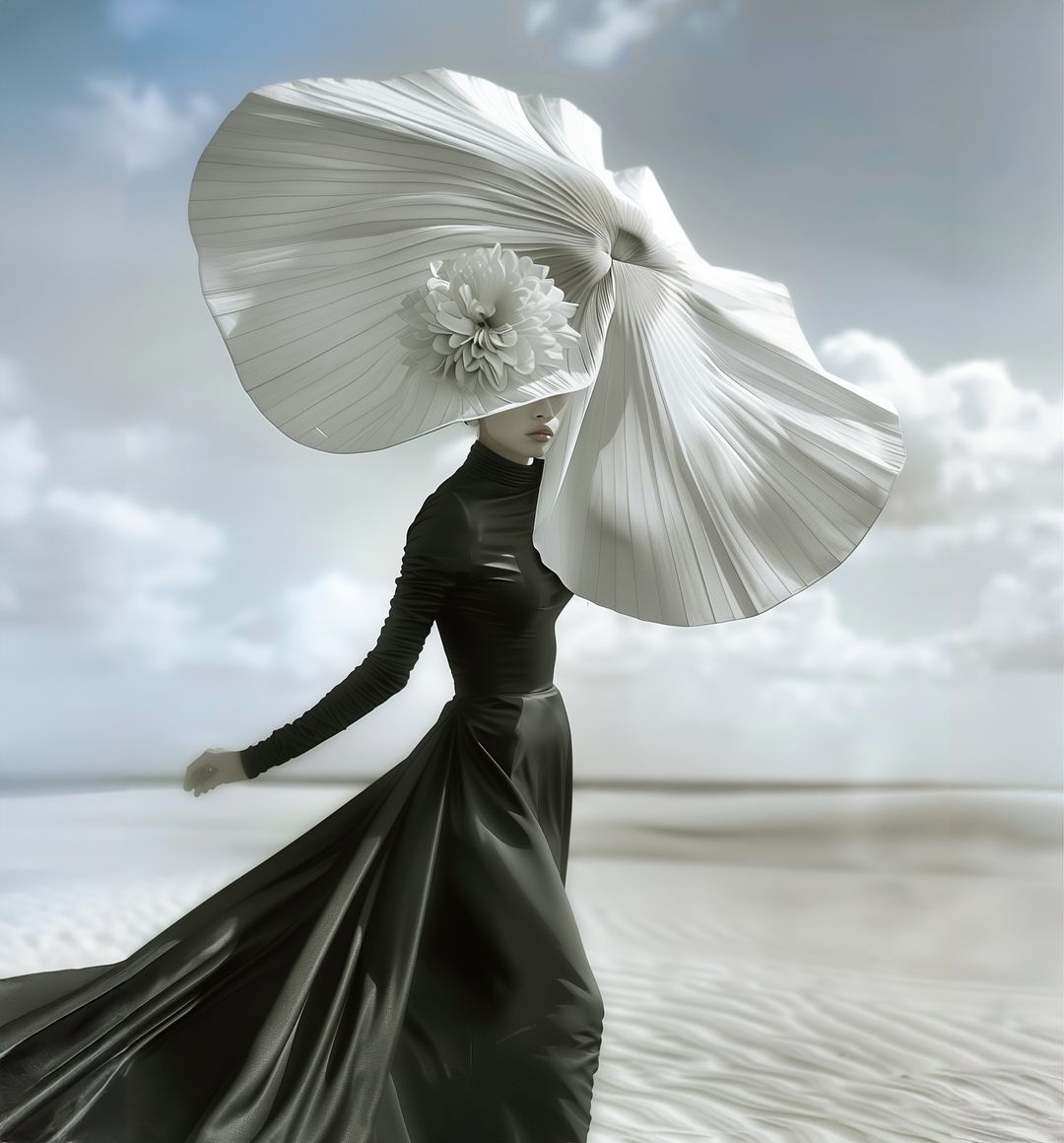 Model wearing an oversized pleated white sunhat with a floral accent and a long black dress standing against an open sky.