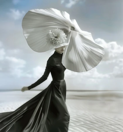 Model wearing an oversized pleated white sunhat with a floral accent and a long black dress standing against an open sky.
