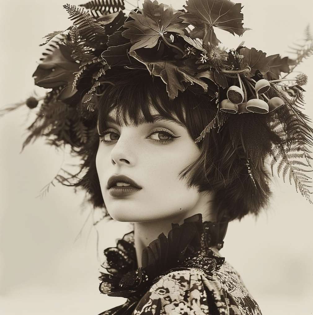 Monochrome portrait of a woman with dark hair and a floral crown of foliage, ferns, and berries against a light grey backdrop.