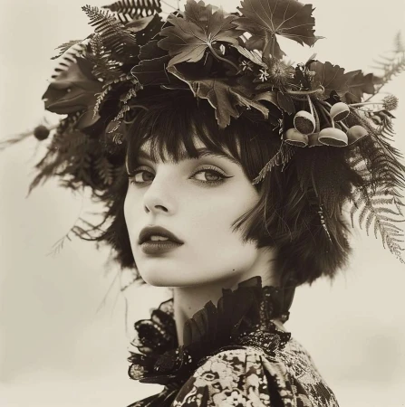 Monochrome portrait of a woman with dark hair and a floral crown of foliage, ferns, and berries against a light grey backdrop.