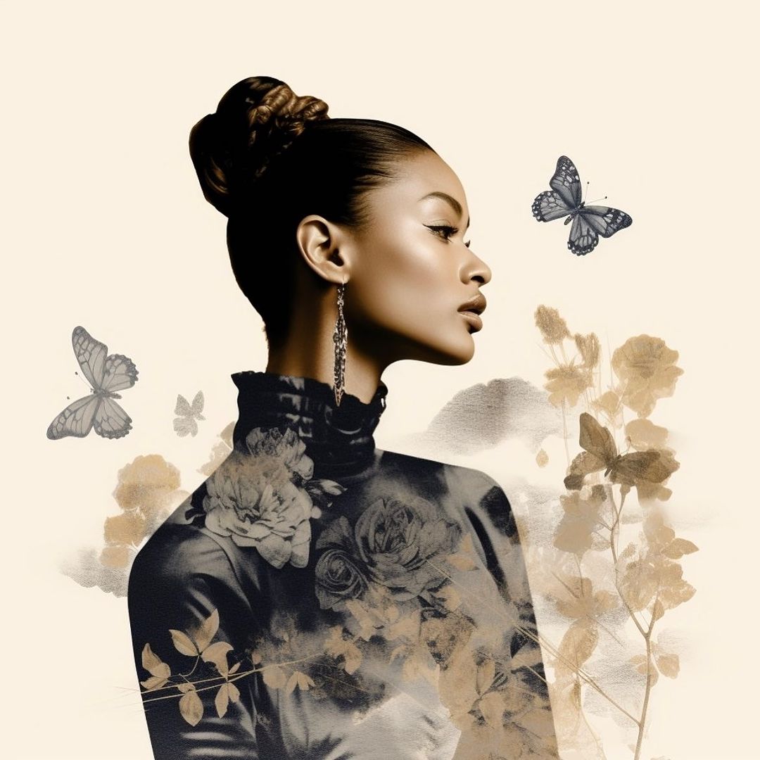 Portrait of a Black woman with a high bun hairstyle, wearing a high-necked top with floral designs, accented by butterflies and blossoms.