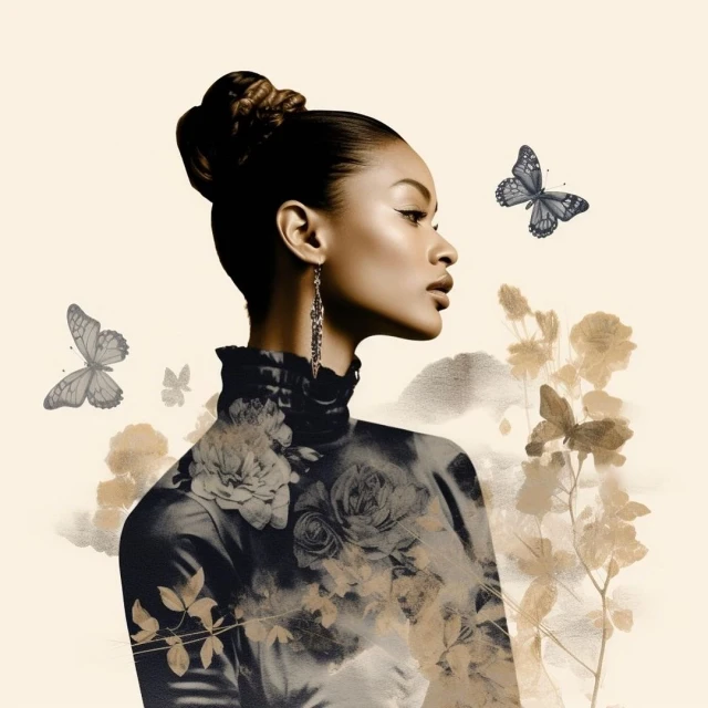 Portrait of a Black woman with a high bun hairstyle, wearing a high-necked top with floral designs, accented by butterflies and blossoms.