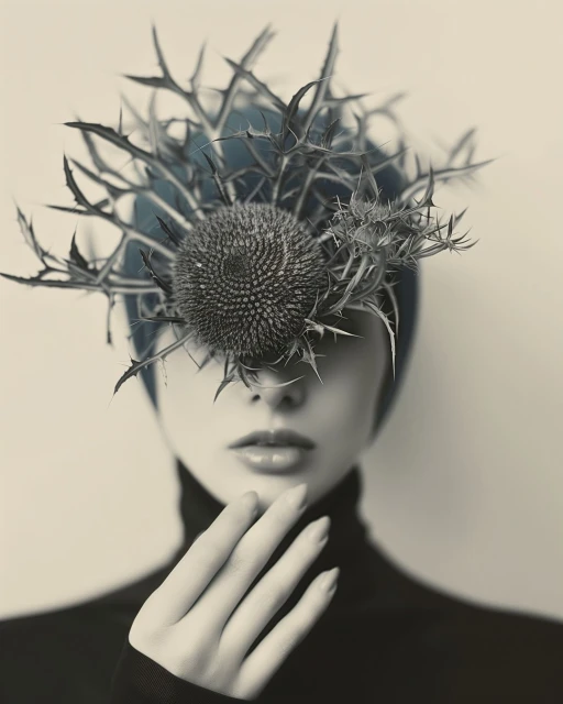 Woman with spiky flower headpiece in a monochromatic portrait with her hand near her face, wearing a black turtleneck sweater.