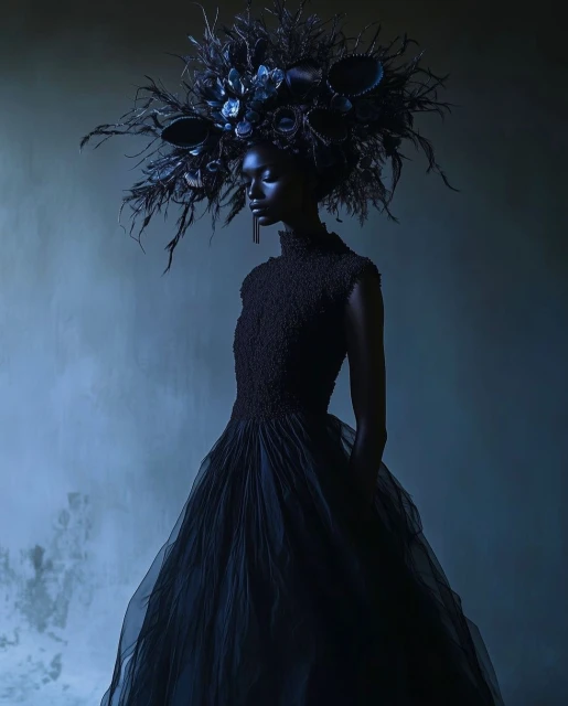 An elegant Black woman posing in a dramatic, dark couture dress with a large, floral headdress against a dimly lit background.