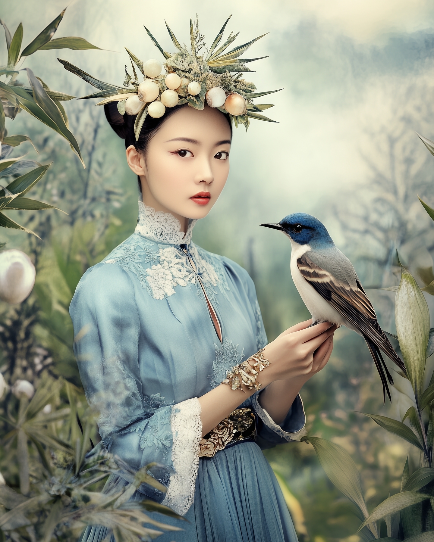 Elegant woman with headdress holds a bird in garden setting. Woman in a teal dress with detailed embroidery and statement jewelry.