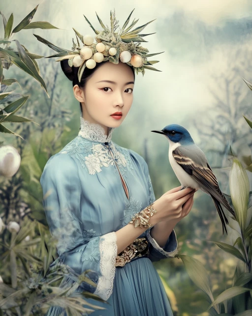 Elegant woman with headdress holds a bird in garden setting. Woman in a teal dress with detailed embroidery and statement jewelry.