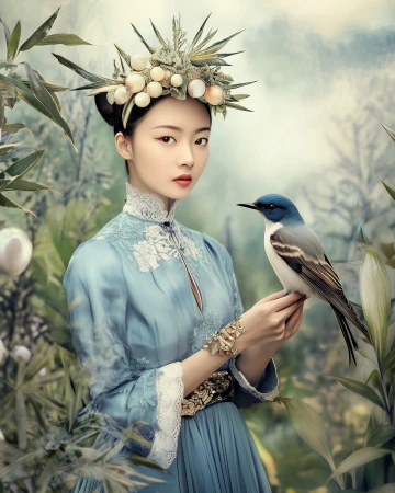 Elegant woman with headdress holds a bird in garden setting. Woman in a teal dress with detailed embroidery and statement jewelry.