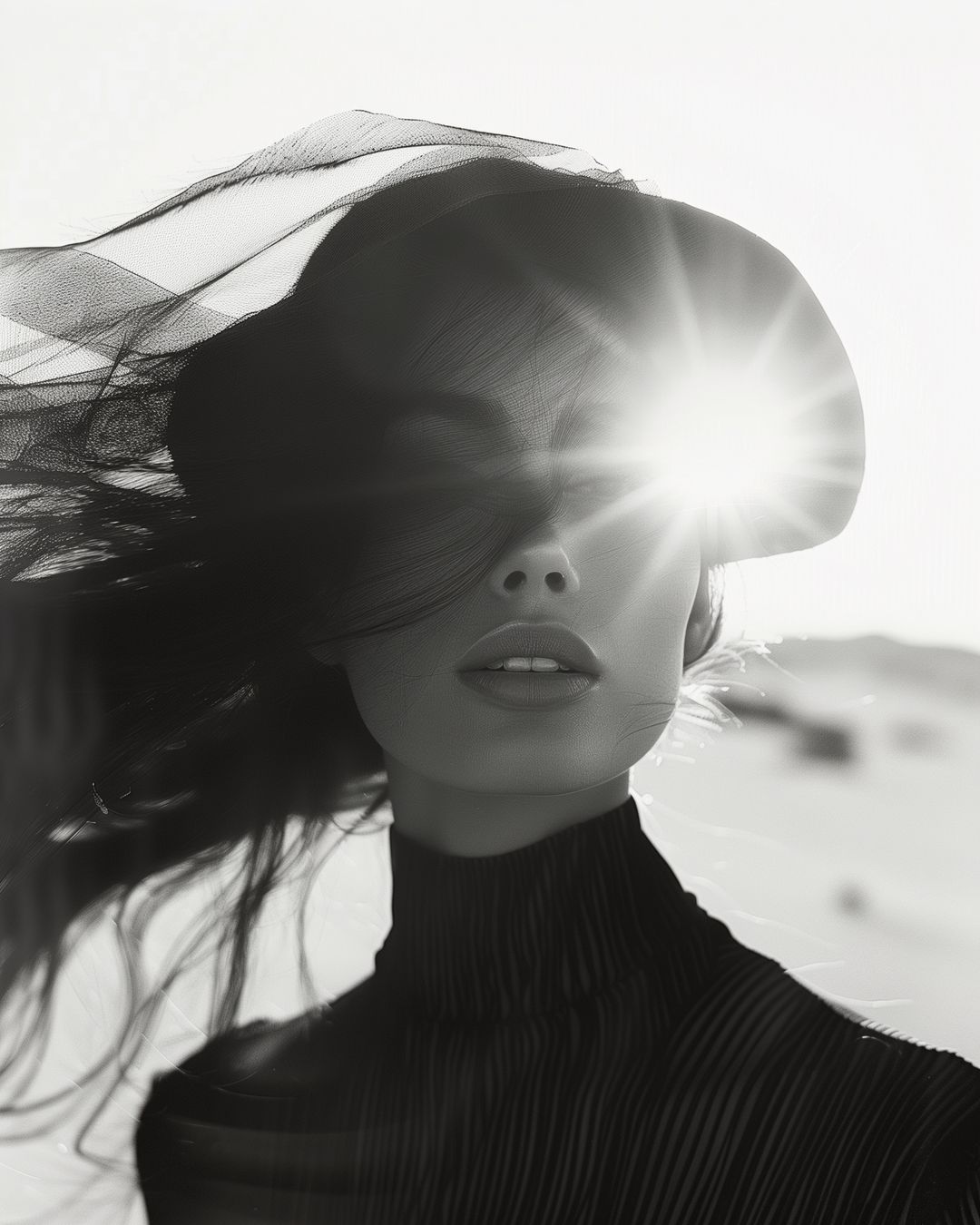 Monochrome portrait of a woman with dark hair, wearing a black hat and turtleneck, with the sun creating a lens flare effect.