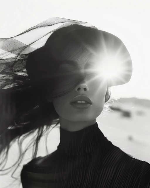 Monochrome portrait of a woman with dark hair, wearing a black hat and turtleneck, with the sun creating a lens flare effect.