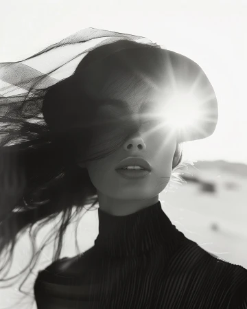 Monochrome portrait of a woman with dark hair, wearing a black hat and turtleneck, with the sun creating a lens flare effect.