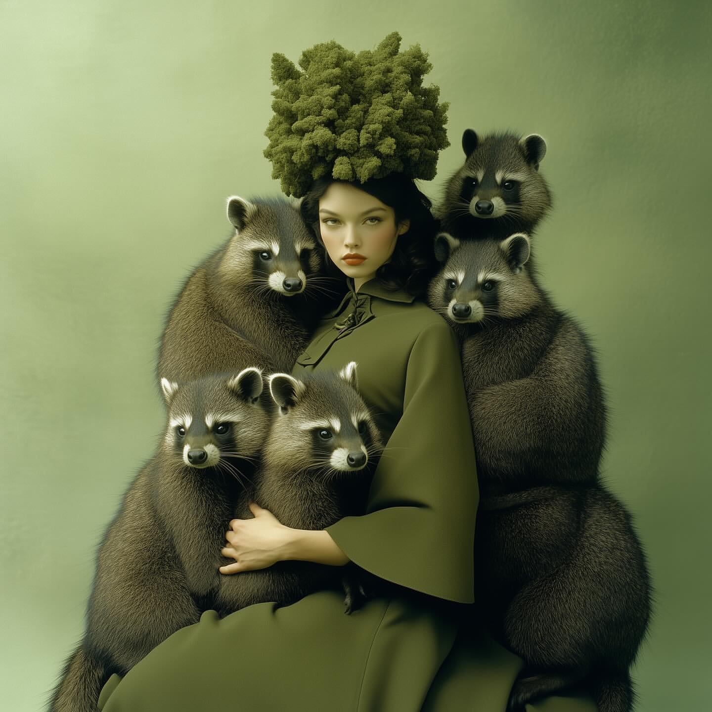 A woman in an olive green dress and a unique headdress surrounded by raccoons set against a monochromatic olive green background.