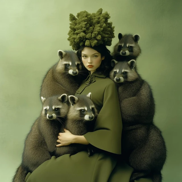 A woman in an olive green dress and a unique headdress surrounded by raccoons set against a monochromatic olive green background.