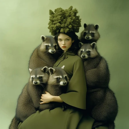 A woman in an olive green dress and a unique headdress surrounded by raccoons set against a monochromatic olive green background.