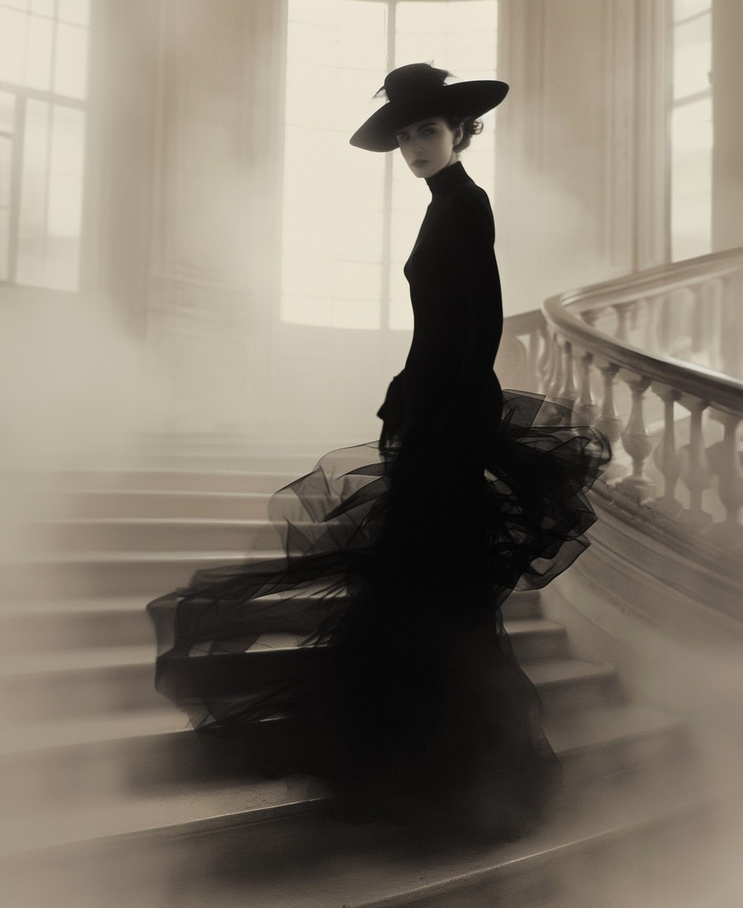 A woman in a long black dress and wide-brimmed hat poses on a staircase amidst fog, creating a mysterious and fashionable image.