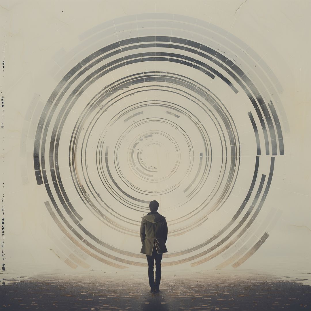 Figure of a man with his back to the viewer, standing in front of an abstract, concentric circle design with shades of gray and beige.