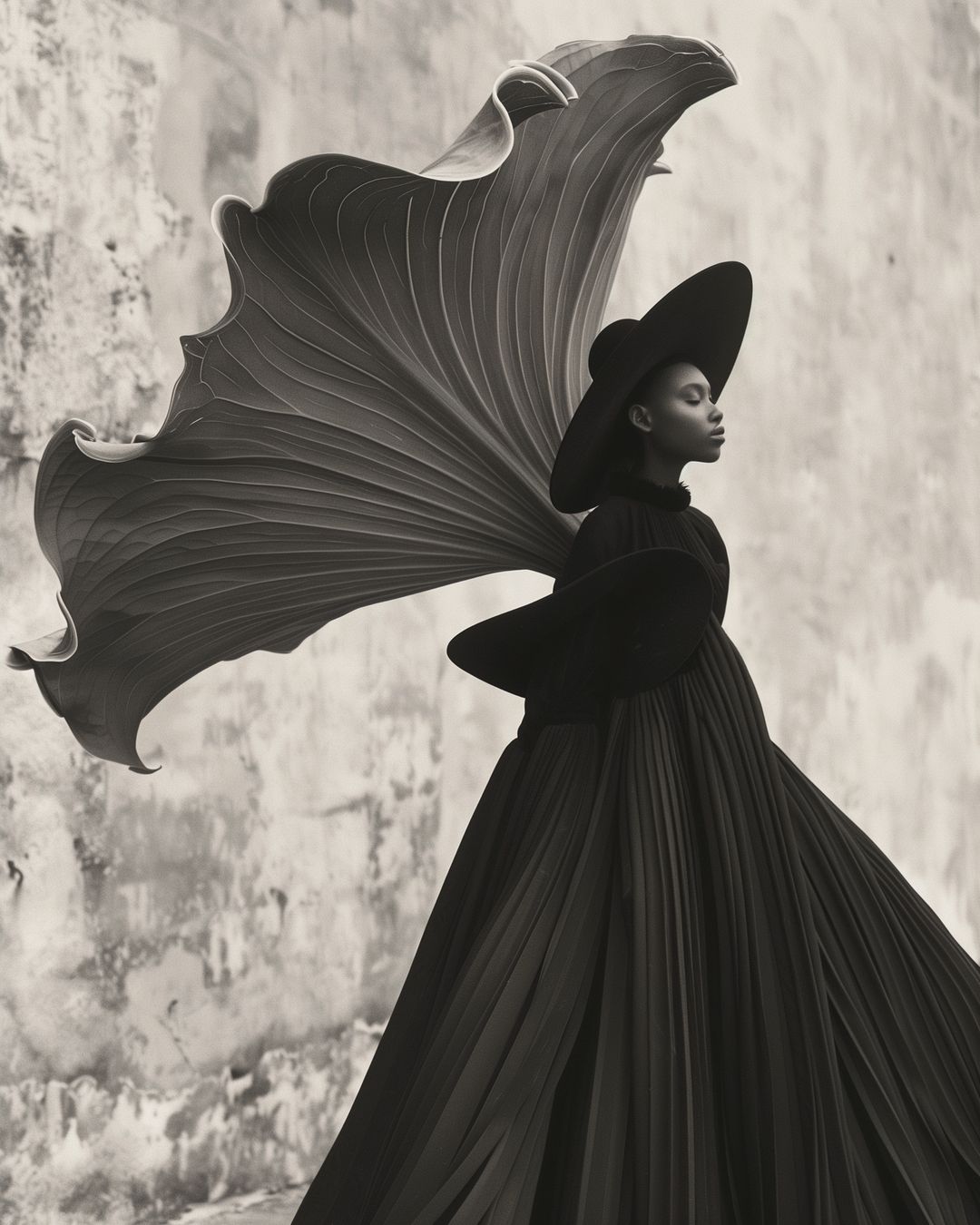 Elegant editorial fashion shot of a Black woman in a wide-brim hat and pleated gown posing with a large leaf against a textured wall.