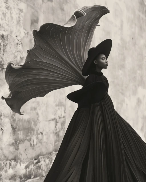 Elegant editorial fashion shot of a Black woman in a wide-brim hat and pleated gown posing with a large leaf against a textured wall.