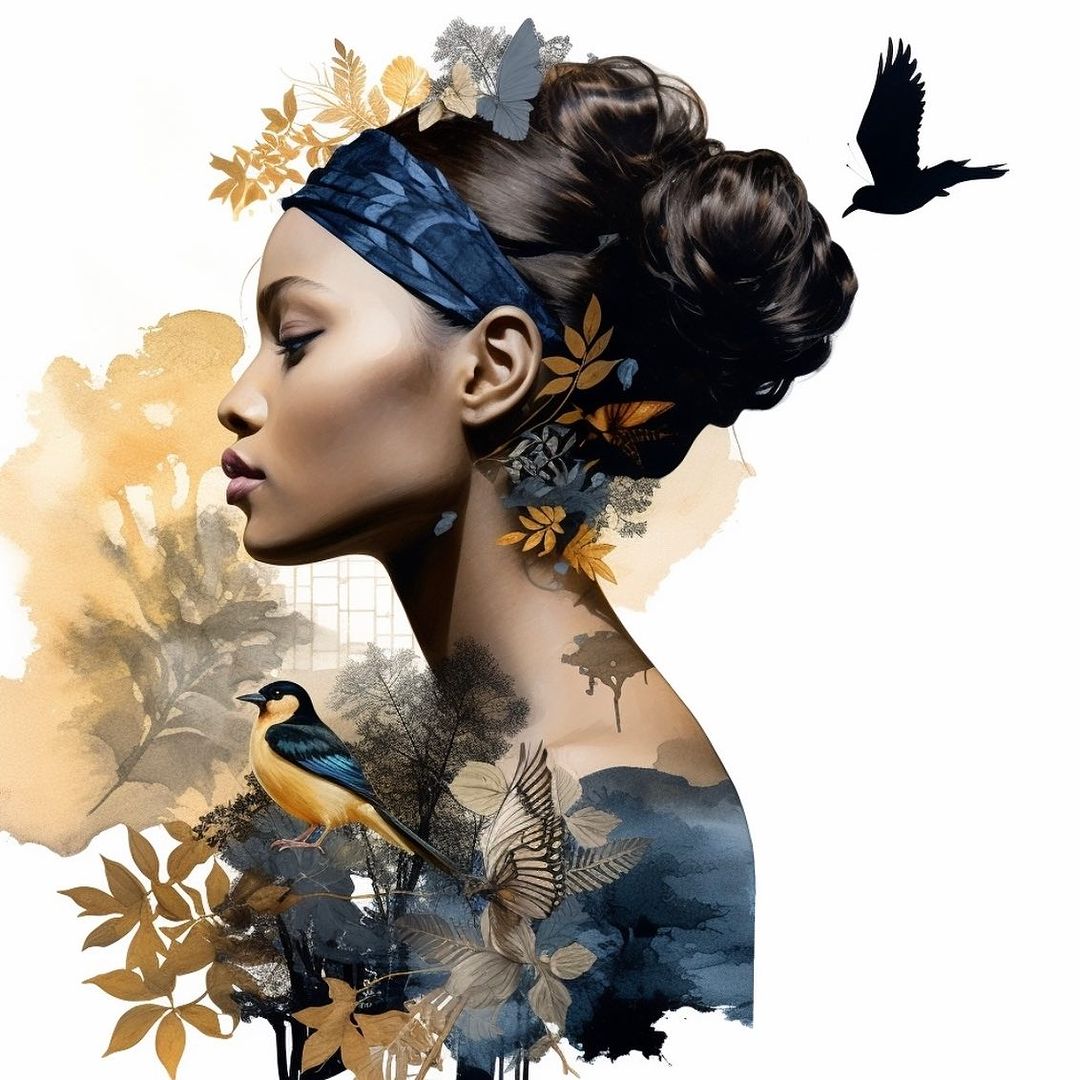 Artistic portrait of a woman with dark hair styled with a floral headband, watercolor background, and stylized birds.