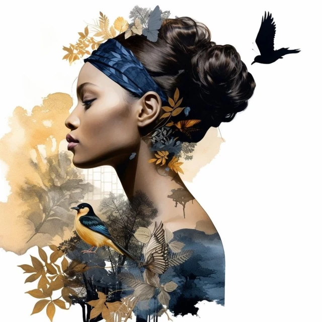 Artistic portrait of a woman with dark hair styled with a floral headband, watercolor background, and stylized birds.