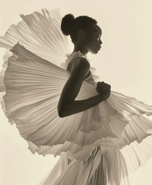 Monochromatic portrait of a Black female model in a flowing, pleated dress against a cream backdrop, captured in a studio setting.
