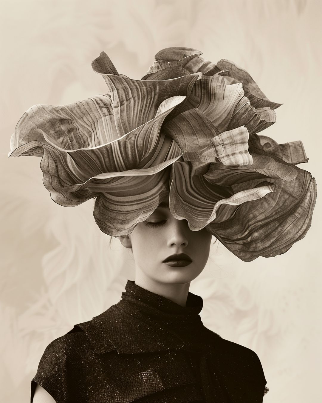 Artistic studio portrait of a young woman with a large floral headpiece, makeup, and a black garment against a neutral backdrop.