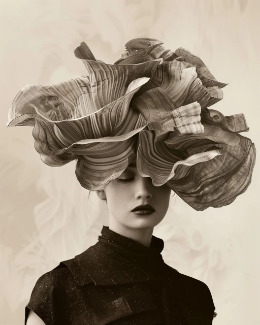 Artistic studio portrait of a young woman with a large floral headpiece, makeup, and a black garment against a neutral backdrop.