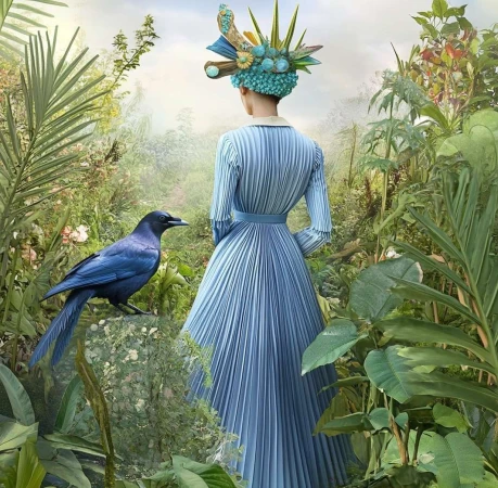 A woman in a blue dress and ornate hat stands in a lush garden, with a black bird perched nearby in this fine art digital painting.