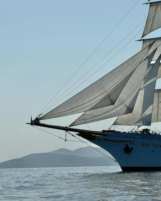 Sailing ship with white sails on a calm sea under a clear sky, with a hint of land in the background, creating a serene nautical scene.