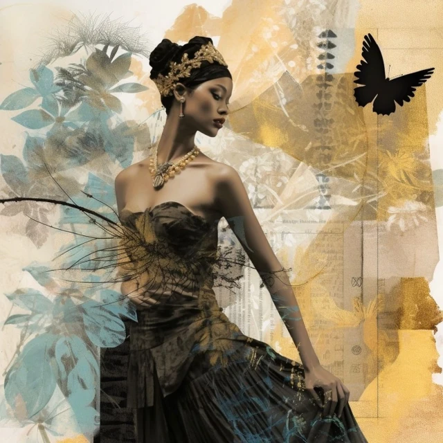 Elegant woman in a strapless dress with a floral and butterfly background, captured with creative editing and golden color grading.