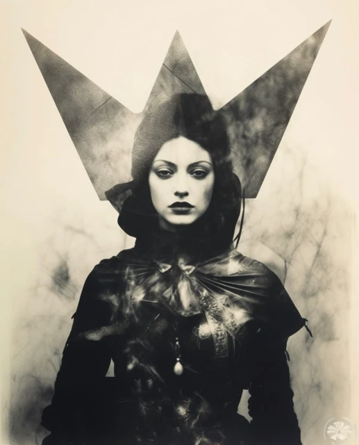 Monochromatic portrait of an adult woman wearing a large crown, looking forward with a serious expression in a photo studio setting.