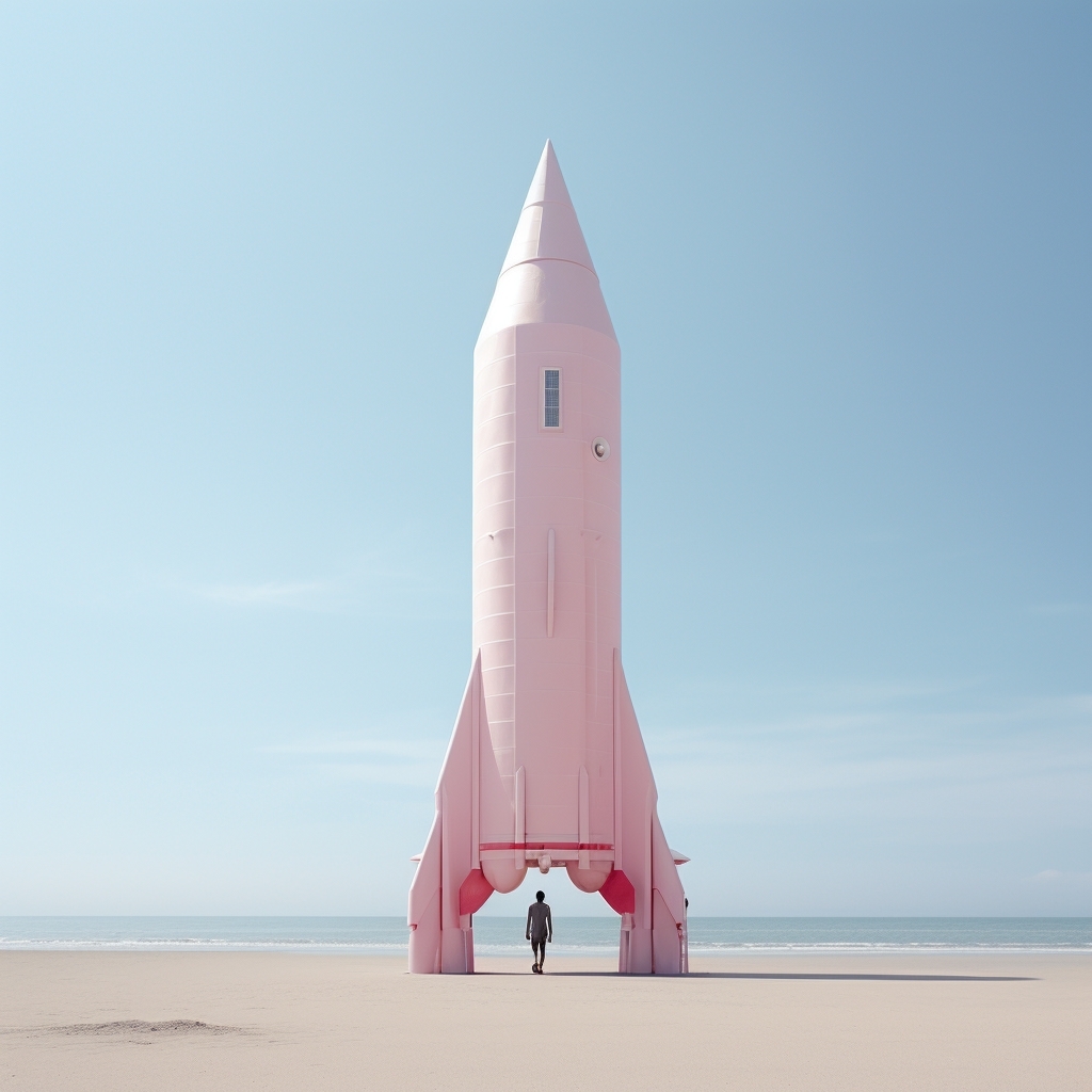 Pink rocket stands on a sandy beach under a blue sky, with a person standing beneath it. Surreal and striking visual aesthetic.