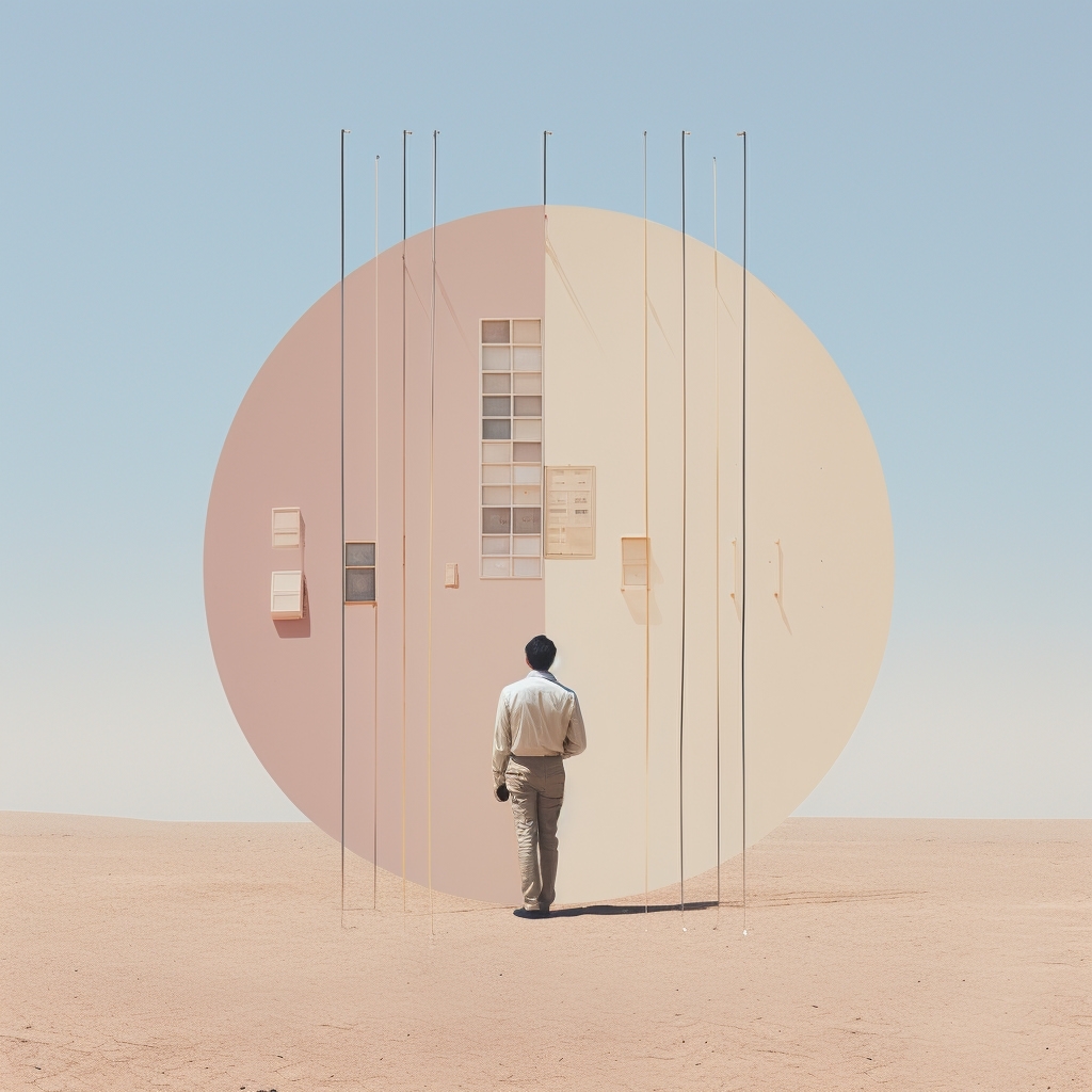 A man walks in a desert landscape toward a modern art installation of a circle with windows under a clear sky in the daytime.