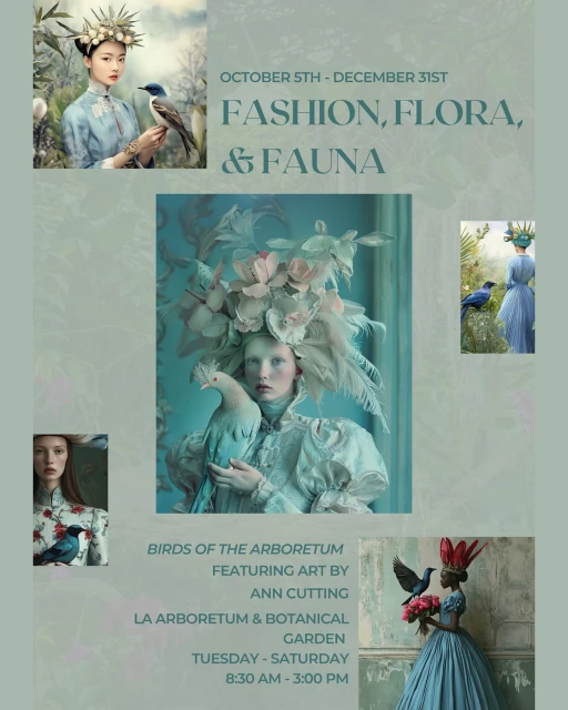 Collage of images from 'Birds of the Arboretum' exhibit featuring women in elaborate headwear holding birds, fashion, flora, and fauna.