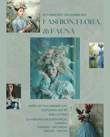Collage of images from 'Birds of the Arboretum' exhibit featuring women in elaborate headwear holding birds, fashion, flora, and fauna.