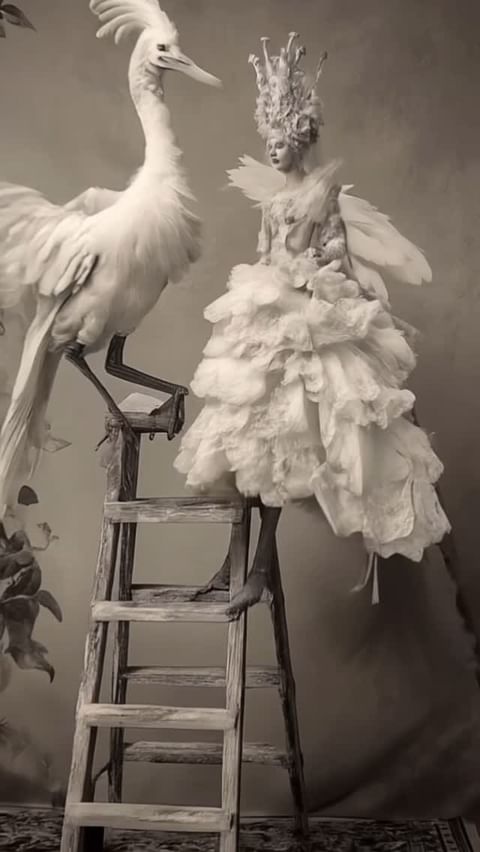 A fantastical scene featuring a person in a feathered gown and crown next to a large bird, both standing on a wooden ladder against a muted backdrop.