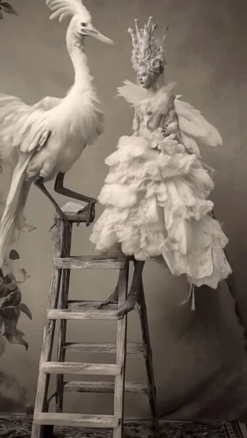 A fantastical scene featuring a person in a feathered gown and crown next to a large bird, both standing on a wooden ladder against a muted backdrop.