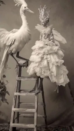 A fantastical scene featuring a person in a feathered gown and crown next to a large bird, both standing on a wooden ladder against a muted backdrop.