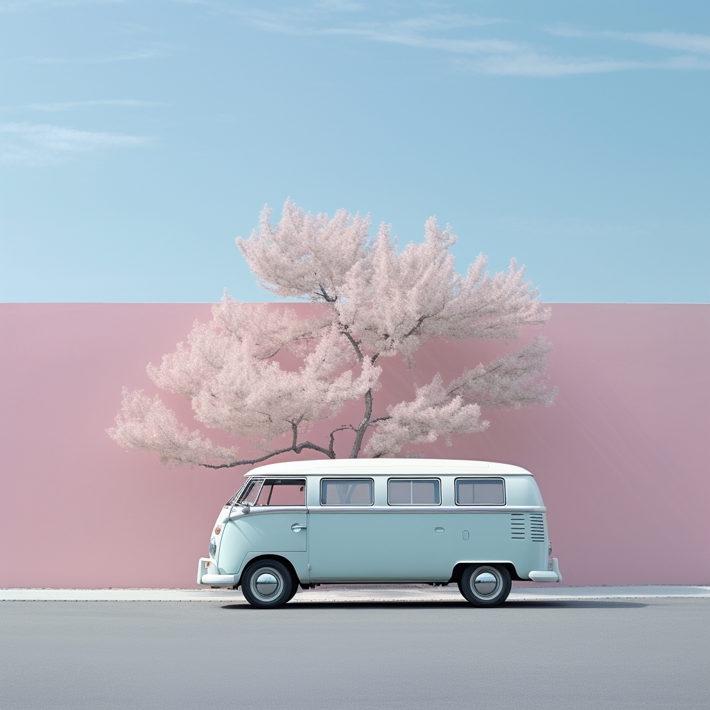 A light blue Volkswagen bus parked in front of a pink wall with a blooming cherry blossom tree, set against a clear blue sky.
