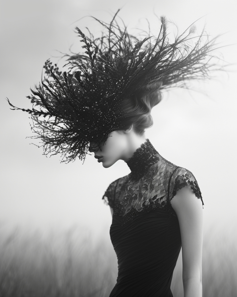 Monochrome portrait of an adult woman with updo, wearing a lace dress and large feathered hat, set against a blurred light background.