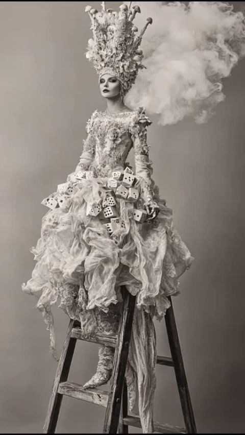 Artistic fashion portrait of a woman on a ladder wearing a detailed dress with dice, a large flower headpiece, and smoke effect.
